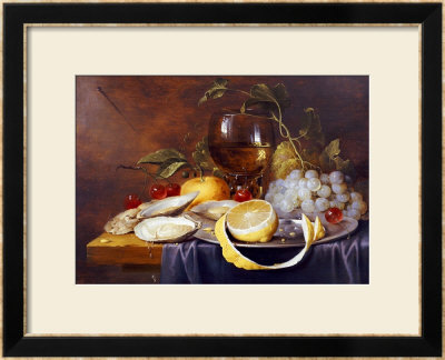 A Roemer, A Peeled Half Lemon On A Pewter Plate, Oysters, Cherries And An Orange On A Draped Table by Joris Van Son Pricing Limited Edition Print image