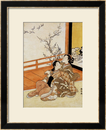 Two Women Seated By A Verandah, One Pointing At Geese In Flight Beyond A Flowering Plum Tree by Suzuki Harunobu Pricing Limited Edition Print image