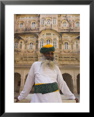 Elderly Museum Guard In White Uniform With Yellow And Green Turban, Meherangarh Fort by Eitan Simanor Pricing Limited Edition Print image