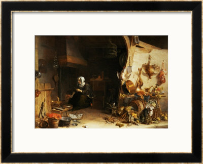 A Kitchen Interior With A Servant Girl Surrounded By Utensils, Vegetables And A Lobster On A Plate by Cornelis Van Lelienbergh Pricing Limited Edition Print image