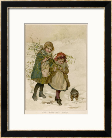 Two Girls And Their Dog Gather Mistletoe In The Snow by Lizzie Pricing Limited Edition Print image