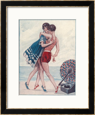 Two Midinettes Dance On The Sand To The Jazz-Music Of Their Portable Gramophone by G. Pavis Pricing Limited Edition Print image