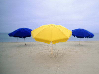 Yellow And Blue Umbrellas On Beach, Nantucket, Ma by Kindra Clineff Pricing Limited Edition Print image