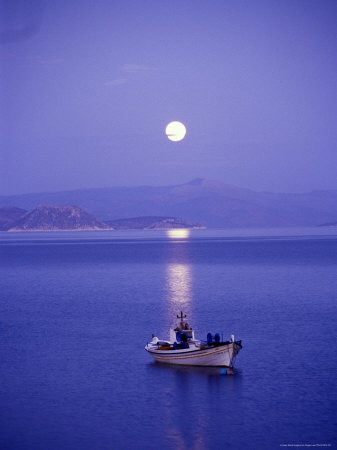 Moon And Caique, Nauplion, Greece by Roger Leo Pricing Limited Edition Print image