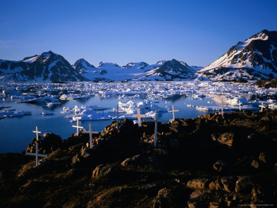 An Old Graveyard On A Hill Overlooking Drift Ice And Snow Covered Mountains, Greenland by Cornwallis Graeme Pricing Limited Edition Print image