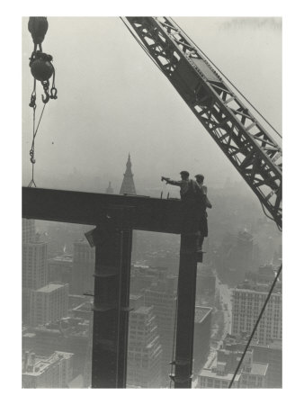 Two Construction Workers At The Corner Of Two Steel Beams Pointing To The Left by Lewis Wickes Hine Pricing Limited Edition Print image