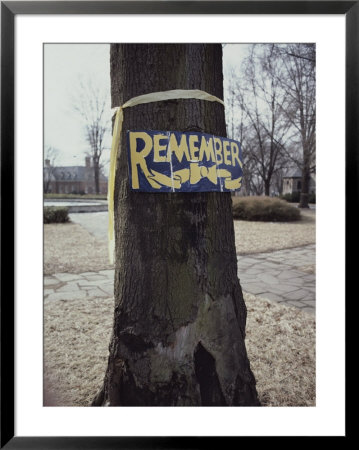 A Symbolic Yellow Ribbon And A Sign Saying Remember On A Tree by Stephen St. John Pricing Limited Edition Print image