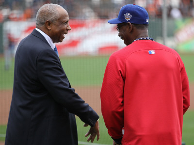 Texas Rangers V San Francisco Giants, Game 2: Frank Robinson, Ron Washington by Doug Pensinger Pricing Limited Edition Print image