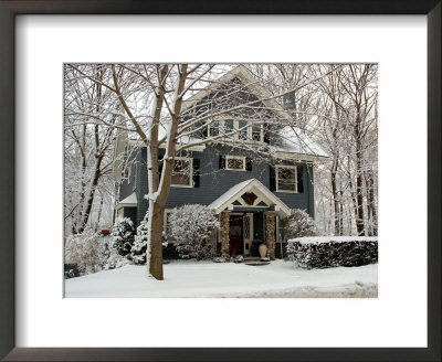 Shingled Home With Snow On Holiday Wreaths, Reading, Massachusetts, Usa by Lisa S. Engelbrecht Pricing Limited Edition Print image