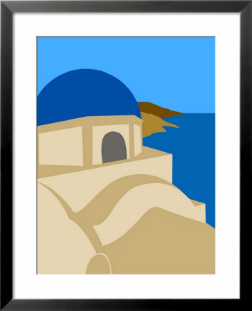 Illustration Of A Blue Domed Church, Firostephani, Santorini, Cyclades Islands, Greece by Michael Kelly Pricing Limited Edition Print image