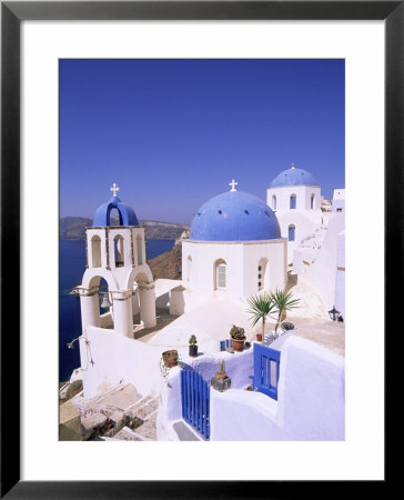 Domes And Bell Tower Of Blue And White Christian Church, Oia, Santorini, Aegean Sea, Greece by Sergio Pitamitz Pricing Limited Edition Print image