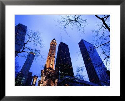 Historic Water Tower And Skyscrapers At Dusk, Chicago, United States Of America by Richard Cummins Pricing Limited Edition Print image