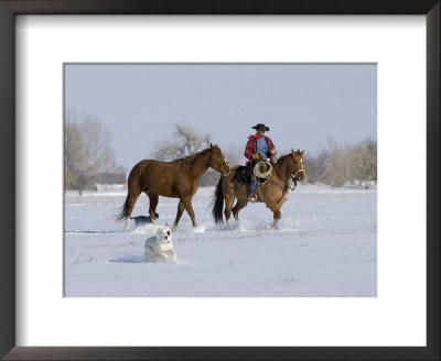 Cowboy Leading Sorrel Quarter Horse Geldings, With Two Mixed Breed Dogs, Longmont, Colorado, Usa by Carol Walker Pricing Limited Edition Print image