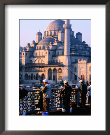 Fishermen On Galata Bridge With Mosque In Background, Istanbul, Turkey by John Elk Iii Pricing Limited Edition Print image