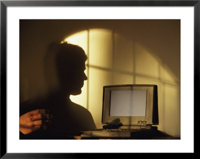 The Shadow Of A Man Is Projected Onto A Wall As He Uses A Computer by Joel Sartore Pricing Limited Edition Print image