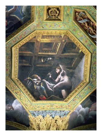 Psyche Sees Cupid While He Sleeps, Ceiling Caisson From The Sala Di Amore E Psiche, 1528 by Giulio Romano Pricing Limited Edition Print image
