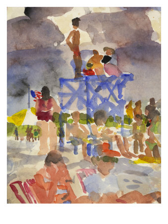 Watercolor Painting Of A Beach Scene And Lifeguards by Images Monsoon Pricing Limited Edition Print image