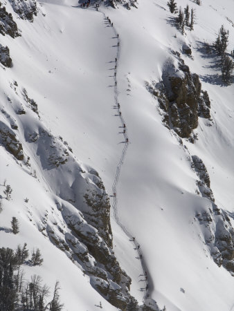 Line Of Skiers Hikes To Reach Slopes Above The Lifts At Jackson Hole by Tim Laman Pricing Limited Edition Print image
