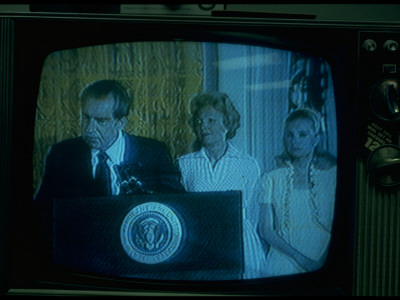 Tv Image Of Mrs. Nixon And Daughter Tricia Listening To President Nixon Give Farewell Speech by Gjon Mili Pricing Limited Edition Print image