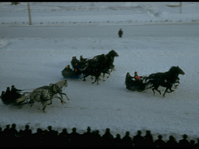 Troika Racing In Snow-Covered Moscow Hippodrome In Wintry Moscow by Carl Mydans Pricing Limited Edition Print image