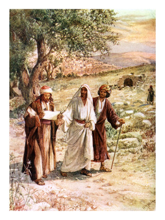 Two Disciples Walk With The Risen Jesus On The Road To Emmaus, Unaware Who He Is by Kate Greenaway Pricing Limited Edition Print image