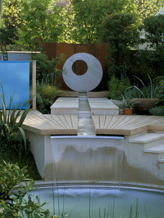 Rill With Pool, Decking, Rusty Metal Screen And Concrete Circular Water Feature, Chelsea 2001 by Clive Nichols Pricing Limited Edition Print image