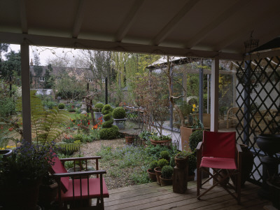 Pink Deckchairs Across Gravel Garden With Box Topiary, Stipa Arundinacea, Decked Terrace And Tulips by Clive Nichols Pricing Limited Edition Print image