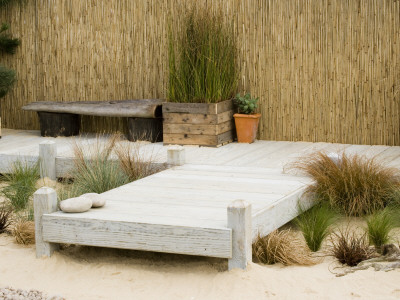 Wooden Containers On Decking, Planted With Pines And Grasses, Designer: Nigel Duff And Greg Riddle by Clive Nichols Pricing Limited Edition Print image