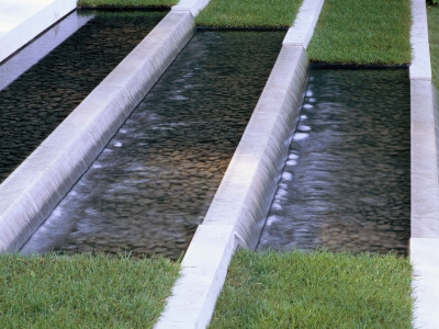 Water Feature: Water Cascades Down Steps In Evening Standard Garden, Chelsea 98 by Clive Nichols Pricing Limited Edition Print image