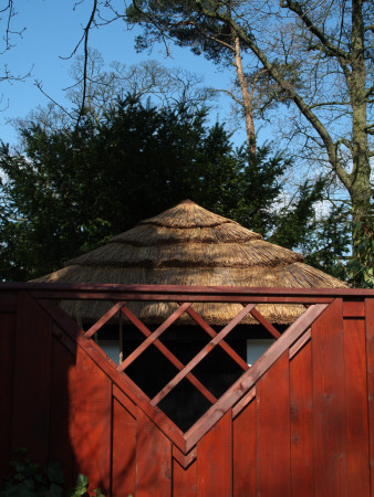 Backgrounds - Red Stained Elaborate Timber Fence Panel, Inset Diamond Trellis, Thatched Garden Hut by Natalie Tepper Pricing Limited Edition Print image