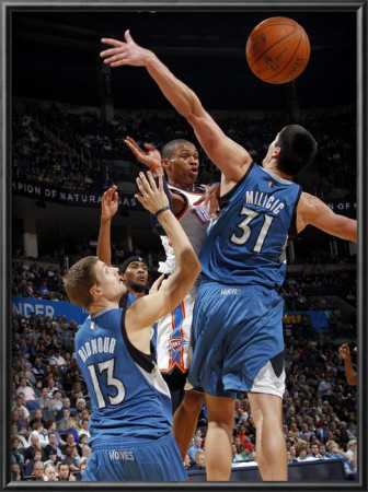 Minnesota Timberwolves V Oklahoma City Thunder: Russell Westbrook, Luke Ridnour And Darko Milicic by Layne Murdoch Pricing Limited Edition Print image