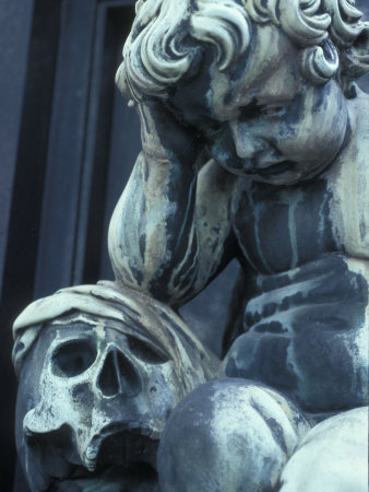 Statue Of A Child Angel Contemplating A Skull, Pere Lachaise by Stephen Sharnoff Pricing Limited Edition Print image