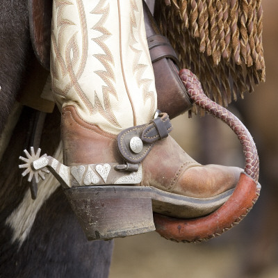 Close-Up Of Cowboy Boot And Spurs At Sombrero Ranch, Craig, Colorado, Usa by Carol Walker Pricing Limited Edition Print image