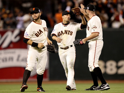 Texas Rangers V San Francisco Giants, Game 1: Cody Ross, Andres Torres, Nate Schierholtz by Jacobsohn Jed Pricing Limited Edition Print image