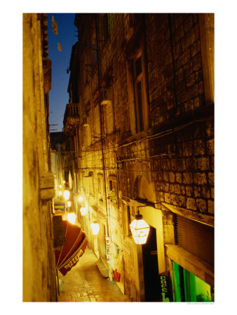 Illuminated Side Alley At Night, Dubrovnik, Croatia by Jon Davison Pricing Limited Edition Print image