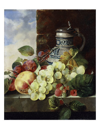Stein, Grapes, Rasberries And Plums On A Stone by Edward Ladell Pricing Limited Edition Print image
