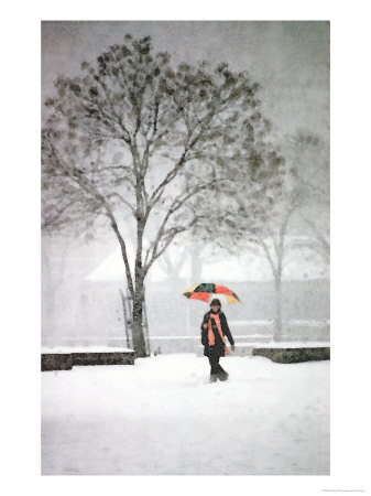 Woman Walking In Snow And Holding An Umbrella by Paul Katz Pricing Limited Edition Print image