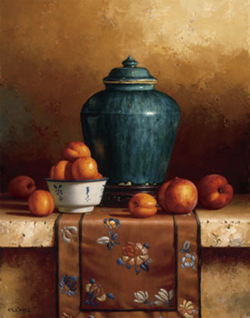 Ginger Jar With Peaches, Apricots And Tapestry by Loran Speck Pricing Limited Edition Print image