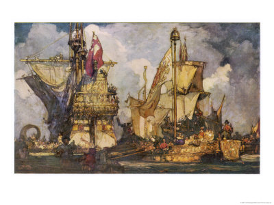 Queen Elizabeth Goes Aboard Francis Drake's Ship Golden Hind Anchored At Deptford by Frank Brangwyn Pricing Limited Edition Print image