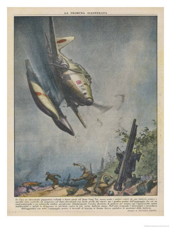The Kamakaze Crew Of A Damaged Japanese Bomber Crash Their Plane Onto A Chinese Gun Emplacement by Vittorio Pisani Pricing Limited Edition Print image
