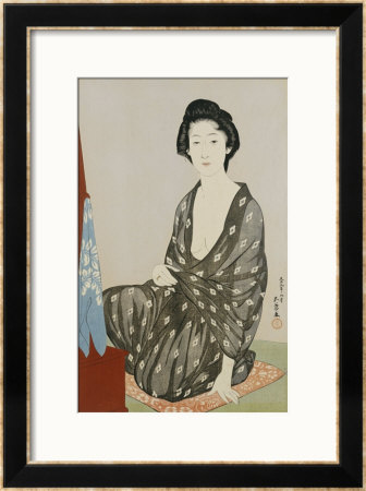 A Beauty In A Black Kimono With White Hanabishi Patterns Seated Before A Mirror by Hashiguchi Goyo Pricing Limited Edition Print image