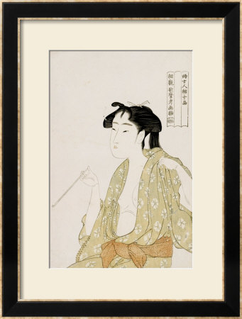 Half-Length Portrait Of A Woman Smoking, Holding A Pipe And Exhaling A Cloud Of Smoke by Utamaro Kitagawa Pricing Limited Edition Print image