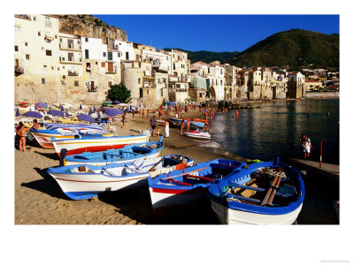 Fishing Boats On Beach At Seaside Resort, Cefalu, Italy by John Elk Iii Pricing Limited Edition Print image