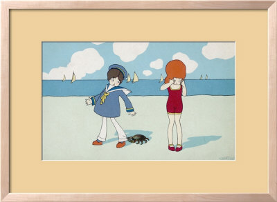 Children On The Beach, A Boy In A Sailor Suit Has His Trousers Bitten By A Crab by A. Bertiglia Pricing Limited Edition Print image