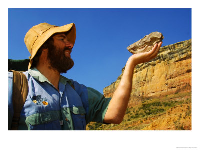 Man Inspecting A Skull Fossil, Clarens, South Africa by Roger De La Harpe Pricing Limited Edition Print image