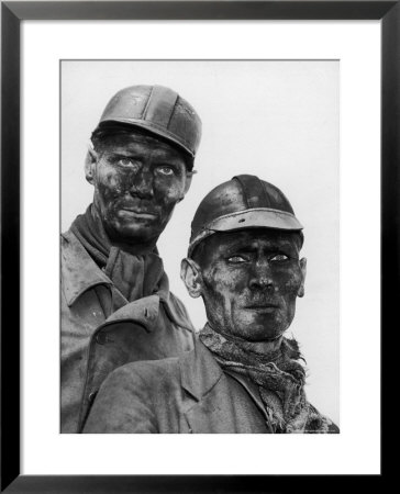 Two Grimy Faced German Coal Miners Posing Resolutely Outside Coal Mine In The Ruhr Valley by Margaret Bourke-White Pricing Limited Edition Print image