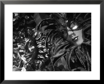 Carnival Masks In Black And White Displayed On A Wall In Venice by Todd Gipstein Pricing Limited Edition Print image