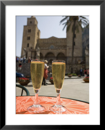 Prosecco Wine On Cafe Table, Cathedral Behind, Piazza Duomo, Cefalu, Sicily, Italy, Europe by Martin Child Pricing Limited Edition Print image