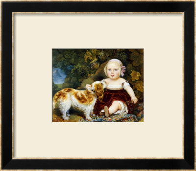 A Young Child With A Brown And White Spaniel By A Leafy Bank, 19Th Century by Amila Guillot-Saguez Pricing Limited Edition Print image