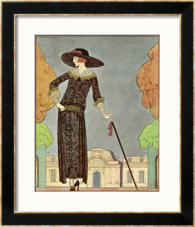 Two-Piece Barrel-Line Dress By Beer With Button Front Deep Cuffs En Bouffants Vandyked Collar by Georges Barbier Pricing Limited Edition Print image